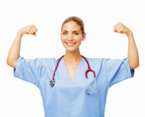 Confident Female Nurse Flexing Muscles